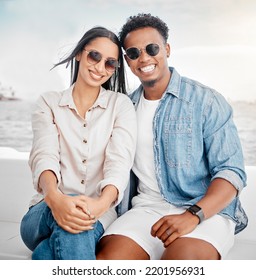 Sunglasses, Summer And Couple Portrait At The Beach For Holiday, Vacation With Casual Fashion Style. Gen Z Or Millennial Woman, Man Or People Smile Together With Ocean, Sea And Clear Sky Mock Up