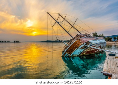 Sunked Yacht During Sunset In Didim