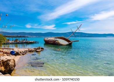 Sunked Yacht On Akbuk Beach In Didim