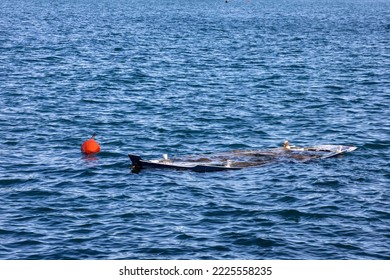Sunken fishing boat with red buoy close up, sea view. Safety and accident insurance concept. Copy space - Powered by Shutterstock