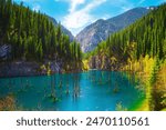 Sunken forest in the mountain lake Kaindy in Kazakhstan. Beautiful mountain natural landscape. Panoramic view of the unique lake. Nature reserve.