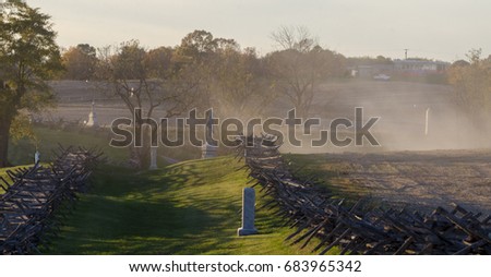 At the Sunken Road, Antietam National Battlefield.  Visitor Center is at upper right. The American Civil War Battle of Antietam occurred on September 17, 1862.