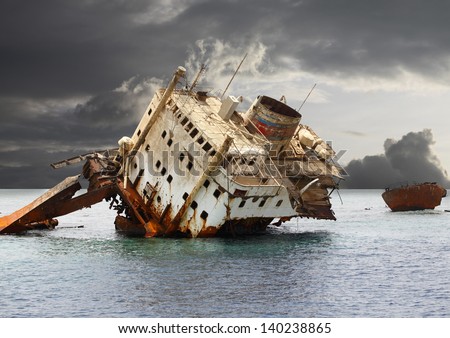 The sunken shipwreck on the reef, Egypt, Red Sea.