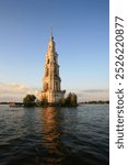 Sunken Temple. Tver Region, Ostashkov. Russia. Sunset, lake, bell tower. Beautiful view, ancient architecture