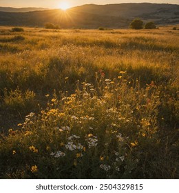 "Sun-Kissed Meadow with Wildflowers" is a picturesque scene where golden sunlight bathes a lush, open field. Vibrant wildflowers in hues of purple, yellow, and red dance gently in the breeze. - Powered by Shutterstock