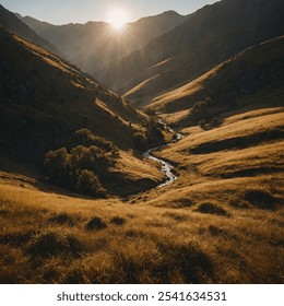 Sunkissed Valley is a picturesque landscape where golden rays illuminate lush greenery, vibrant wildflowers bloom, and serene streams flow, creating a tranquil retreat for nature lovers and explorers. - Powered by Shutterstock