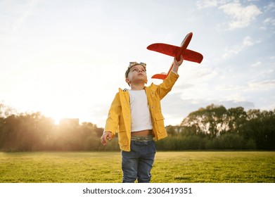 Sunlight is above the trees. Little boy is playing with toy plane on the summer field.