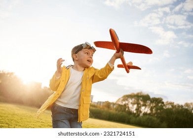 Sunlight is above the trees. Little boy is playing with toy plane on the summer field.