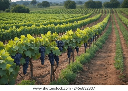 Sunlight bathes a verdant vineyard row. Plump grapes, a mix of red and green, hang heavy under lush green leaves. Rolling hills and distant vines complete the scene.