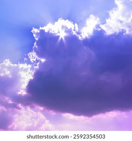 Sunlight beams through a dramatic purple cloud formation against a bright blue sky.