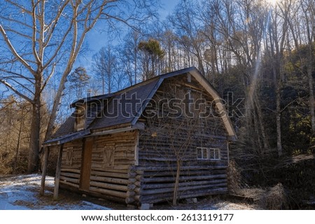 Sunlight beems down over a hillside where an old log cabin sits along side a rode in the Great Smoky Mountains in North Carolina, USA