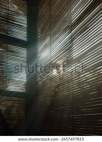 Sunlight casting dramatic shadows through a bamboo window blind, creating an abstract pattern of lines and natural textures.