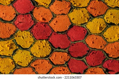 Sunlight Casting Lots Of Small Texture Shadows On Rough Distressed Or Worn Paper. Hexagonal Honeycomb Type Abstract Pattern In Warm Red Orange And Yellow Colours. Network Background Connections 