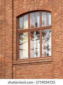 Sunlight casts reflections in a rectangular window framed by brown bricks. The warm glow highlights the surrounding trees and building details in the late afternoon light.