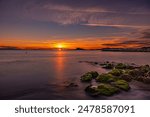 Sunlight gleams on water near rocky shore