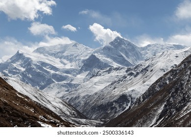 Sunlight illuminating the snow-capped peak of mount manaslu and surrounding mountains, casting shadows over the valleys below in the nepalese himalayas - Powered by Shutterstock