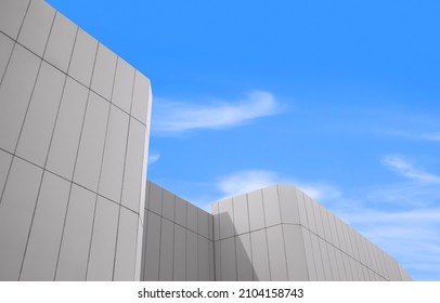 Sunlight On Surface Of White Modern Building Wall Against Blue Sky In Low Angle View, Architecture Background Concept