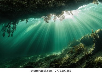 Sunlight pierces the ocean's surface, creating radiant beams that illuminate the underwater landscape, highlighting the textures of the rocks and marine life.
