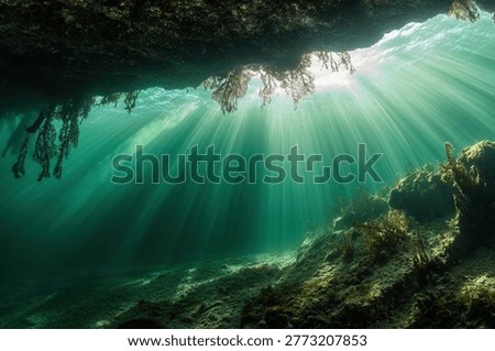 Sunlight pierces the ocean's surface, creating radiant beams that illuminate the underwater landscape, highlighting the textures of the rocks and marine life.