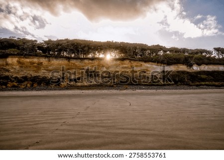 Sunlight pierces tree line, casting golden glow. Beach sands stretch wide, textured with tide's gentle touch. Cliff face reveals earthy hues, weathered by wind and sea. Sky holds soft clouds
