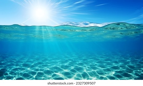 Sunlight shining ,the surface and under the blue ocean, sea wave , with clean waters in summer time