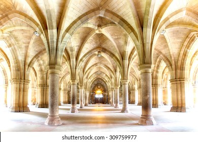 Sunlight streams into the historic Cloisters of Glasgow University. Subtle HDR processing.
