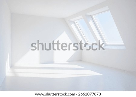 Sunlight streams through big windows in empty white loft, modern office or apartment, minimalist architecture, perfect for creative project, mockup, branding, presentation, real estate