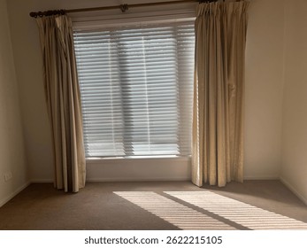 Sunlight streams through a large window with beige curtains and white horizontal blinds in an empty carpeted room. A bright, clean space ideal for real estate, interior design, or home staging visuals