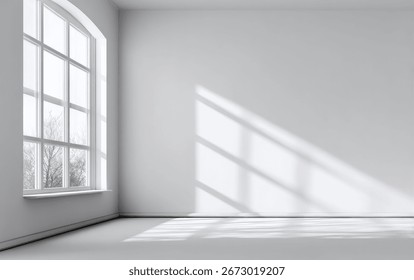 Sunlight streams through a large window in an empty, white room, casting shadows on the wall and floor.  The scene is minimalist and bright.
