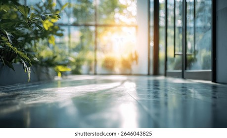 Sunlight streams through large windows into a modern building, illuminating a polished floor. Lush green plants are visible near the foreground. The scene ev...