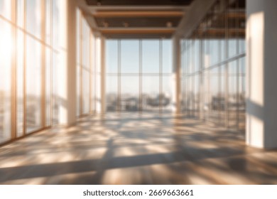 Sunlight streams through large windows into a spacious, empty modern interior.  The warm light casts shadows on the wooden floor.