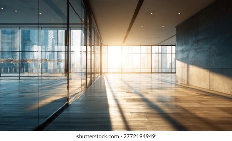 Sunlight streams through the large windows of a modern office, casting long shadows across the polished wooden floor and glass walls.