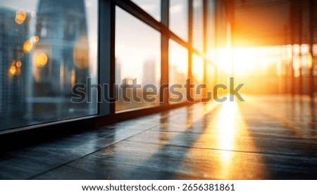Sunlight streams through large windows of a modern building, illuminating a sleek floor.  The city skyline is visible through the glass, blurred by the brigh...