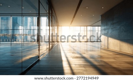 Sunlight streams through the large windows of a modern office, casting long shadows across the polished wooden floor and glass walls.