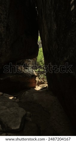 Sunlight streams through a narrow opening in a rocky formation, revealing a lush, green forest beyond. Vertical mobile photo. sstkvertical