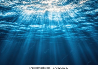 Sunlight streams through the ocean's surface, creating a beautiful underwater scene. The light rays dance and shimmer, illuminating the depths with a captivating display.