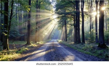 Sunlight streams through the trees, casting a warm glow on a quiet dirt road in nature - Powered by Shutterstock