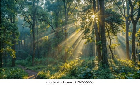 Sunlight streams through the trees in an Indian forest, casting a warm glow over the peaceful landscape. - Powered by Shutterstock