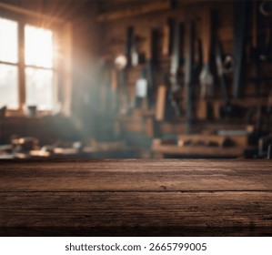 Sunlight streams through a window, casting golden rays in a workshop filled with an array of tools and wooden materials. The sturdy workbench shows signs of use and craftsmanship.