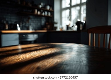 Sunlight streams through a window, casting long shadows on a textured wooden table in a dimly lit, rustic kitchen setting.