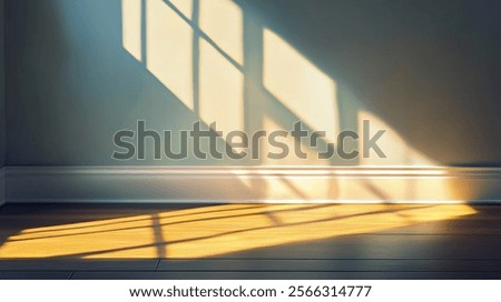 Sunlight streams through a window, casting sharp geometric shadows on a muted blue wall and polished wooden floor. The interplay of light and shadow creates a calm, modern ambiance.