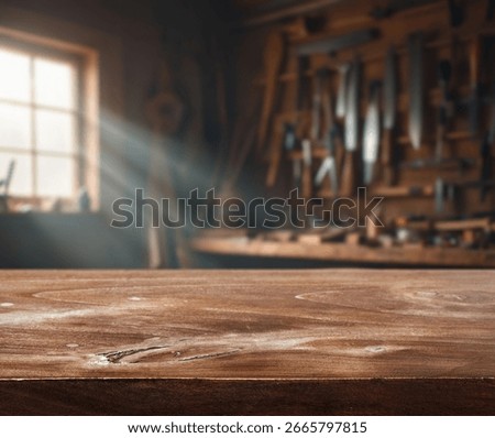 Sunlight streams through a window, casting warm rays onto a polished wooden workbench. The workshop is filled with various tools and equipment, creating a productive atmosphere.