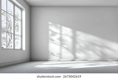 Sunlight streams through a window in an empty, minimalist room, casting tree branch shadows on the wall and floor.  The scene is bright and airy.