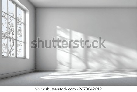 Sunlight streams through a window in an empty, minimalist room, casting tree branch shadows on the wall and floor.  The scene is bright and airy.