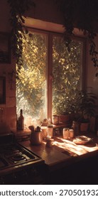 Sunlight streams through a window into a room filled with plants and various decorative items.