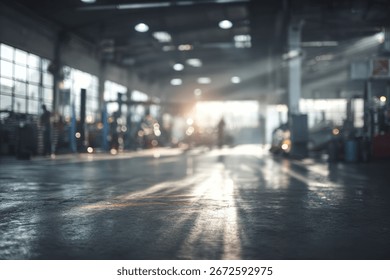 Sunlight streams through the windows of a large industrial warehouse, illuminating the dusty floor.  Blurred figures and machinery are visible in the backgro...