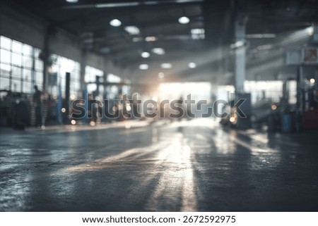 Sunlight streams through the windows of a large industrial warehouse, illuminating the dusty floor.  Blurred figures and machinery are visible in the backgro...