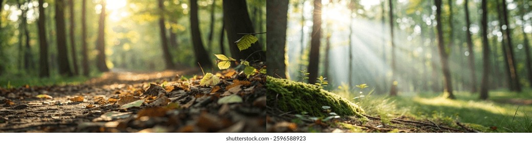 Sunlight through trees, forest path, autumn leaves, tranquil nature scene, vibrant greenery, peaceful atmosphere.