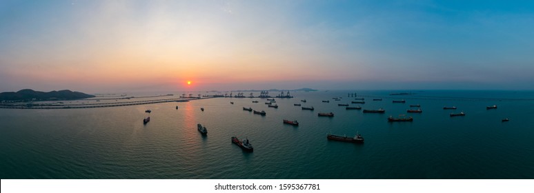 Sunlight at twilight of Oil ship tanker and lpg ship of business logistic sea freight, Crude oil tanker lpg ngv at industrial estate Thailand / Group Oil tanker ship to Port of Singapore