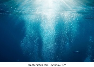 Sunlight underwater with bubbles rising to water surface in the sea, Mediterranean, France - Shutterstock ID 2290363439